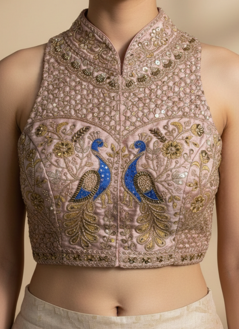 Peacock Silk Party Blouse with Hand Work