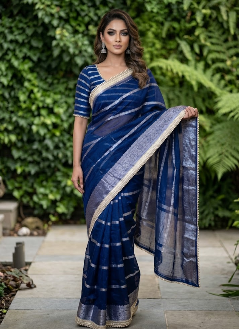Navy Blue Banarasi Organza Saree with Blouse Piece
