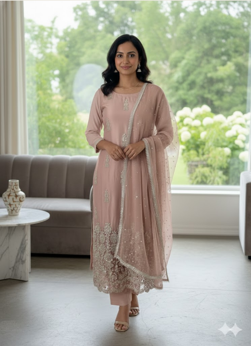 Glass Silk Salwar Suit with Sequins &amp; Chiffon Dupatta