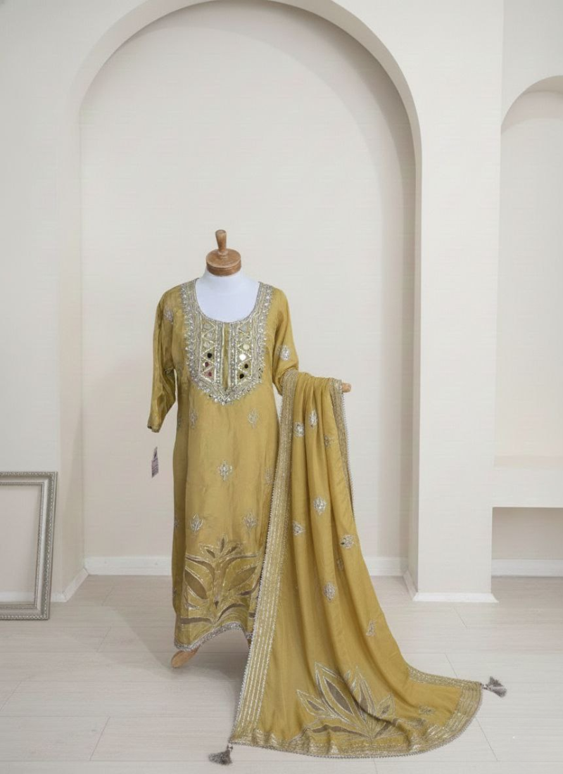 Pakistani Chinon Silk Salwar Suit with Mirror & Cut Work