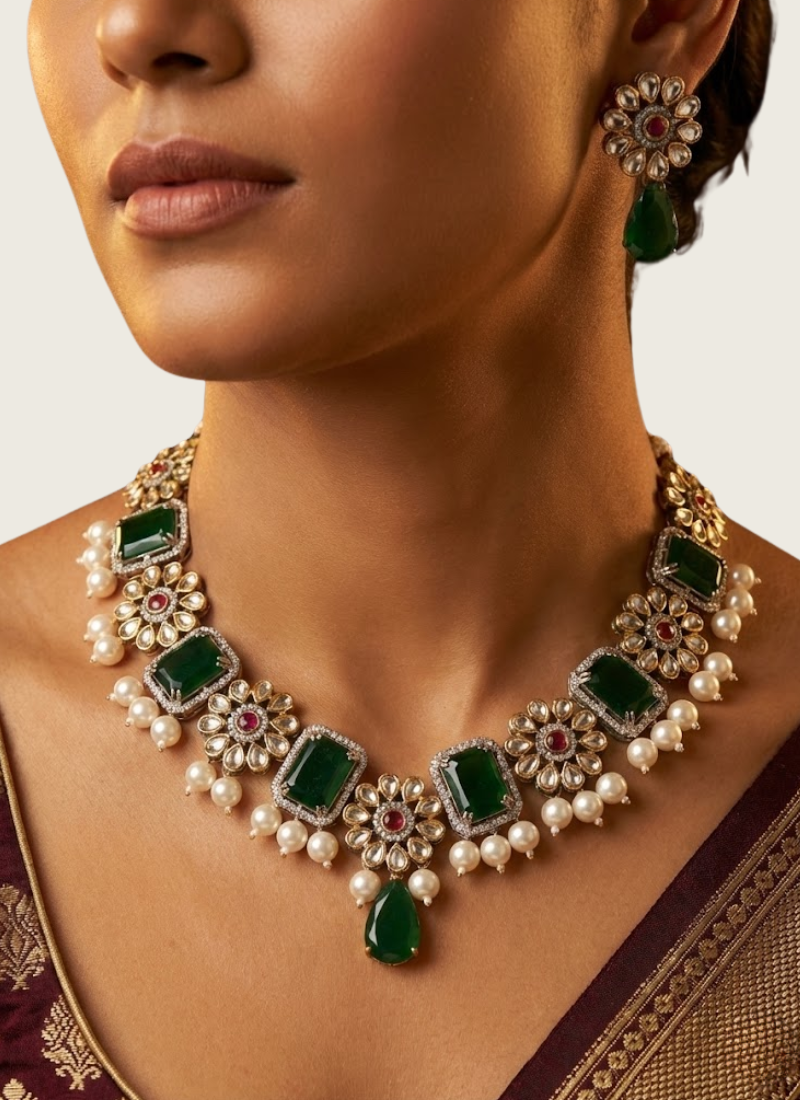 Green Stone Necklace Set with Earrings – Pearl Stone | Gleemiun Fashion Jewellery