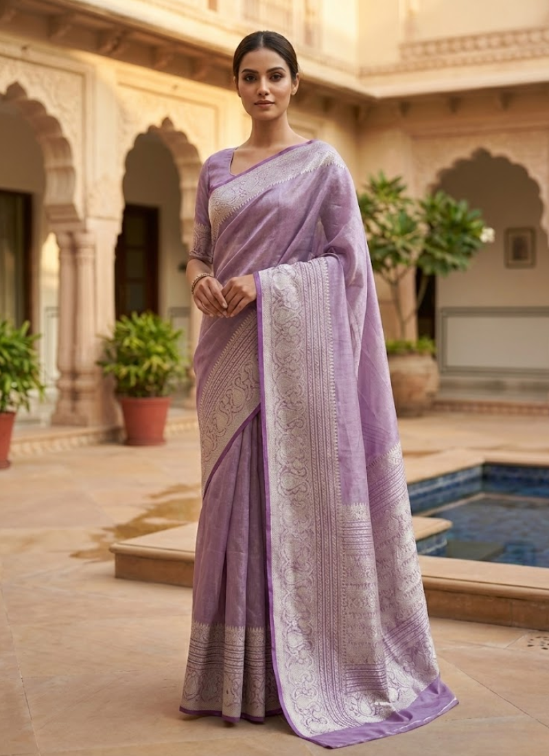 Light Onion Banarasi Tissue Silk Saree with Blouse Piece