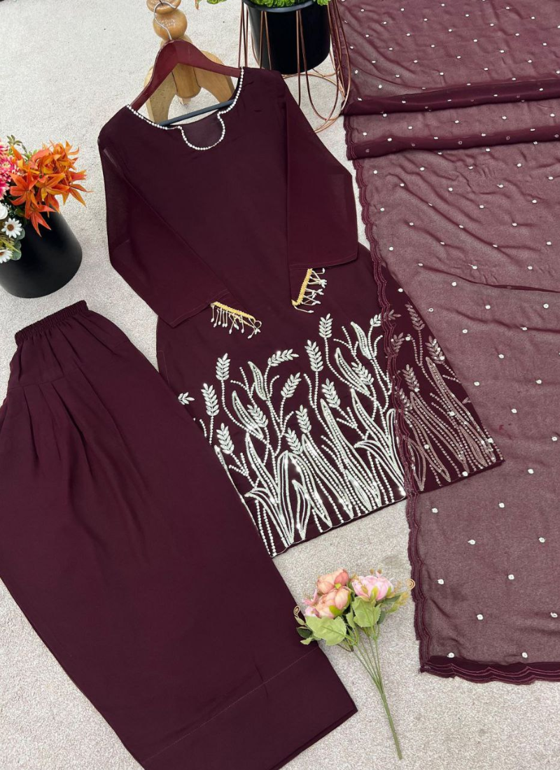 Faux Georgette Farshi Salwar Suit – Organza Dupatta