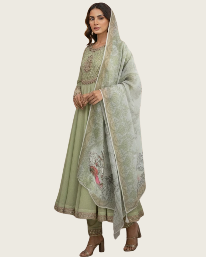 Pista Green Anarkoli Dress – Embroidered Chiffon with Silk Dupatta