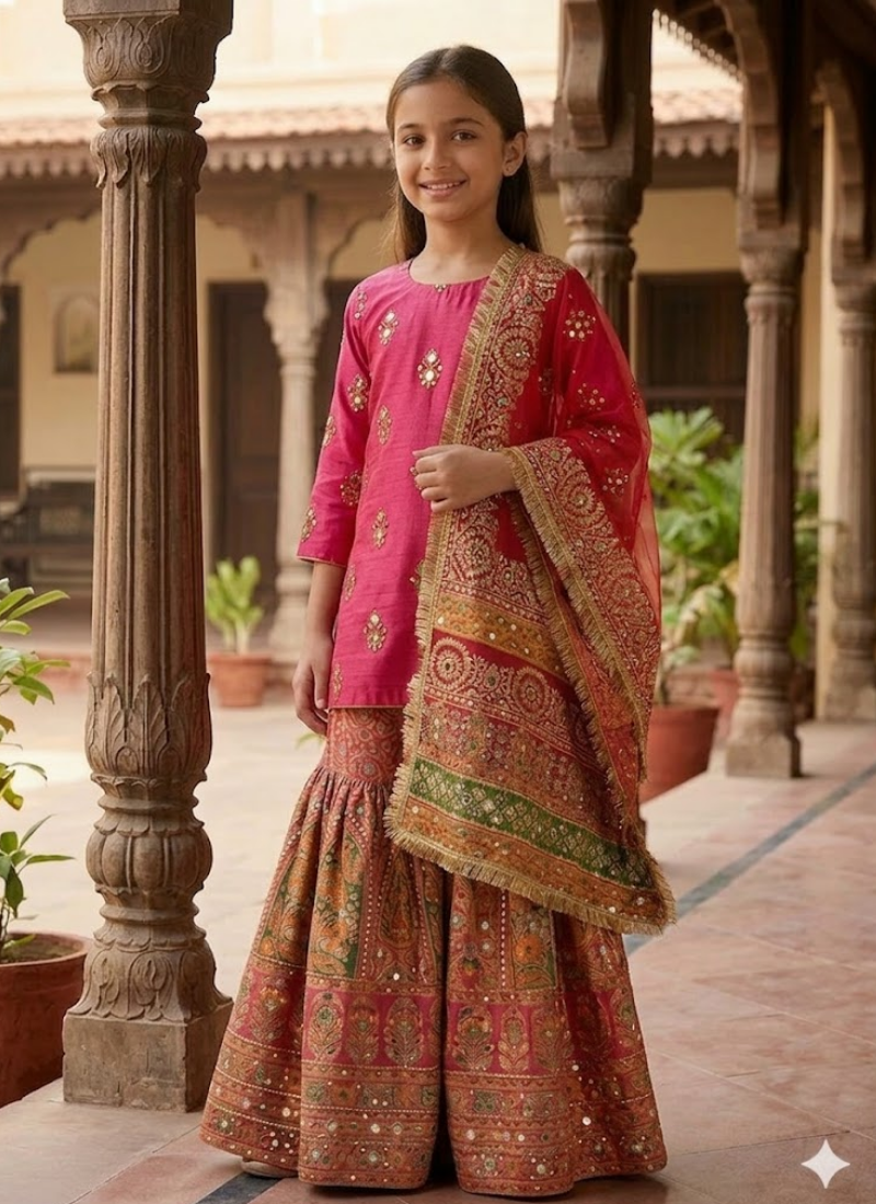 Kids Raw Silk Sharara with Block Print &amp; Mirror Work