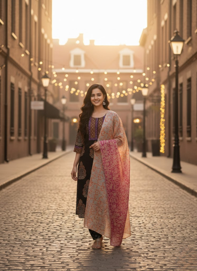 Cotton Block Printed Salwar Suit – Black & Orange