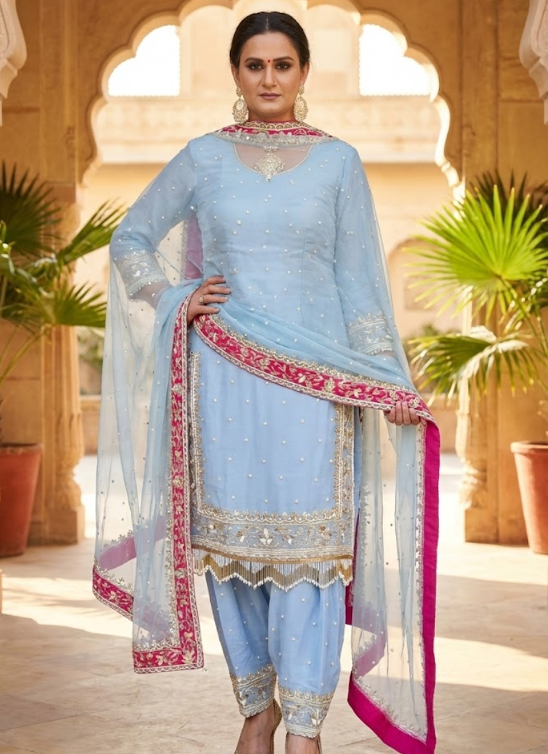 Heavy Georgette Farshi Plazzo Suit with Embroidery & Dupatta Australia