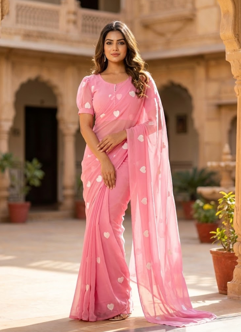 Pink Georgette Saree with Heart Embroidery & Stitched Blouse