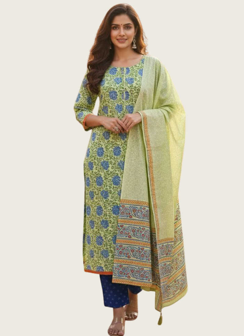 Cotton Block Printed Salwar Suit – Lemon & Blue