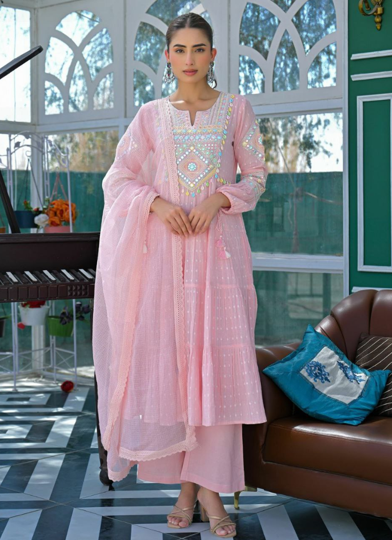 Pink Anarkali Suit in Flex Butti Cotton with Embroidery + Kota Dupatta