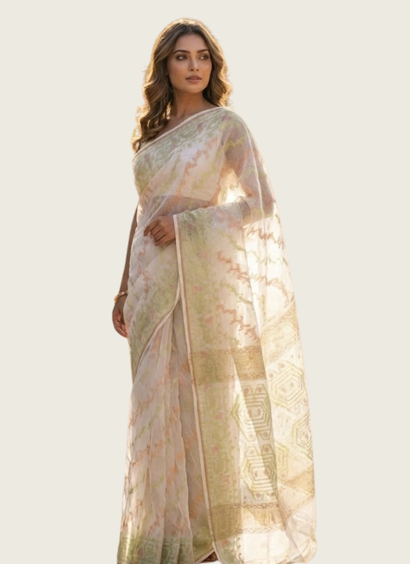 Off-White Jamdani Saree with Mari Thread Work