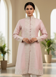 Light Pink Winter Kashmiri Long Coat for Women – Silk with Embroidery 3