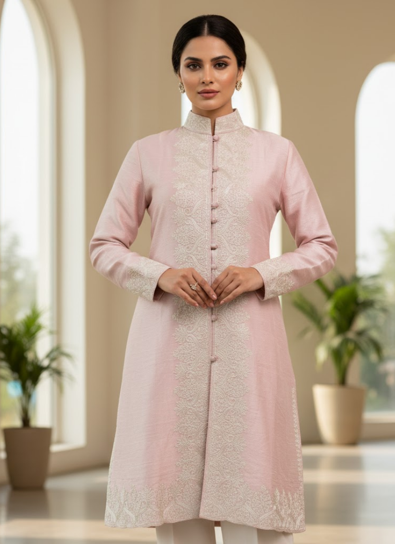 Light Pink Winter Kashmiri Long Coat for Women – Silk with Embroidery