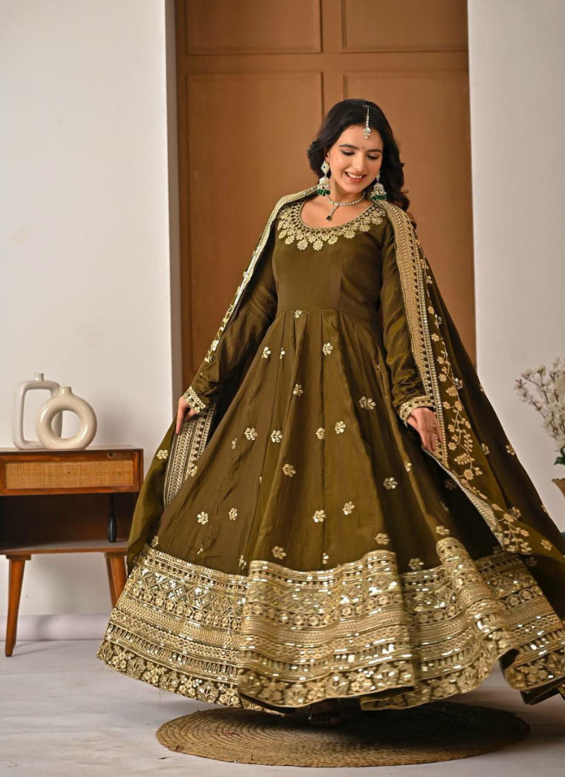 Vichitra Silk Anarkali Gown with Sequins Embroidery + Pant & Dupatta