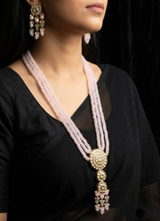 Long Necklace & Earring Set with Kundan & Light Pink Beads 3