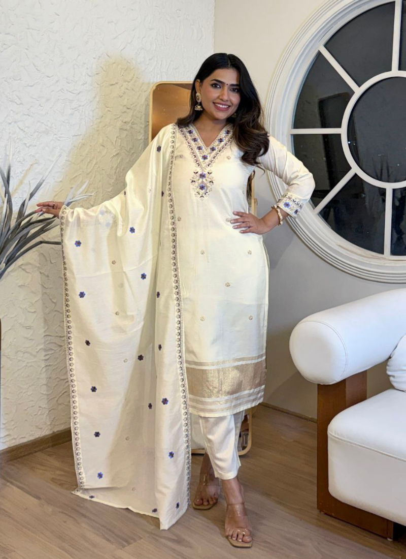 Luxury Viscose Silk Salwar Kameez with Embroidered Chanderi Dupatta
