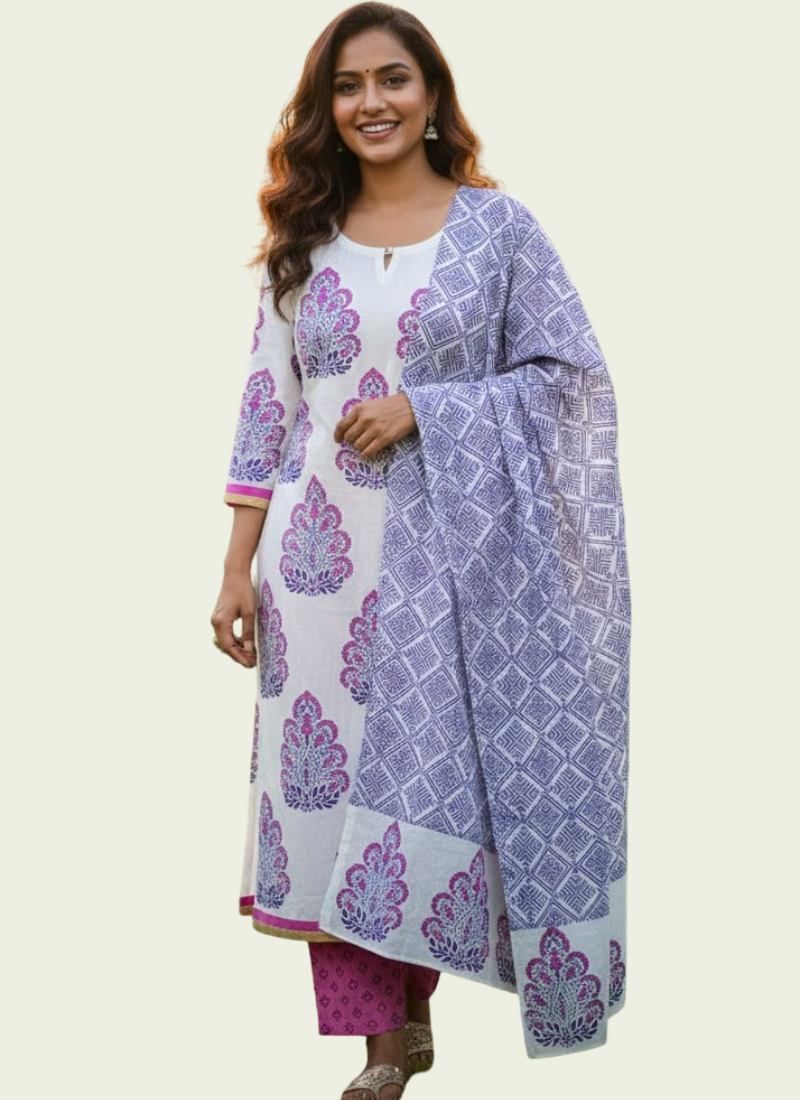 Cotton Block Printed Salwar Suit – White, Blue & Pink