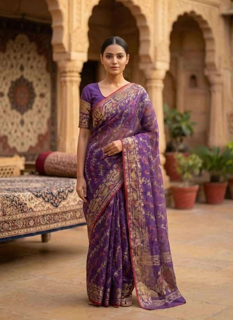 Dark Purple Jamdani Saree with Mari’s Thread Work
