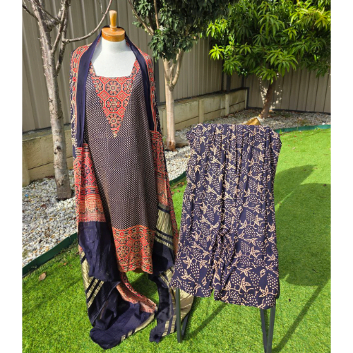 Pure Modal Ajrak Salwar Kameez Suit – Navy Blue with Dupatta