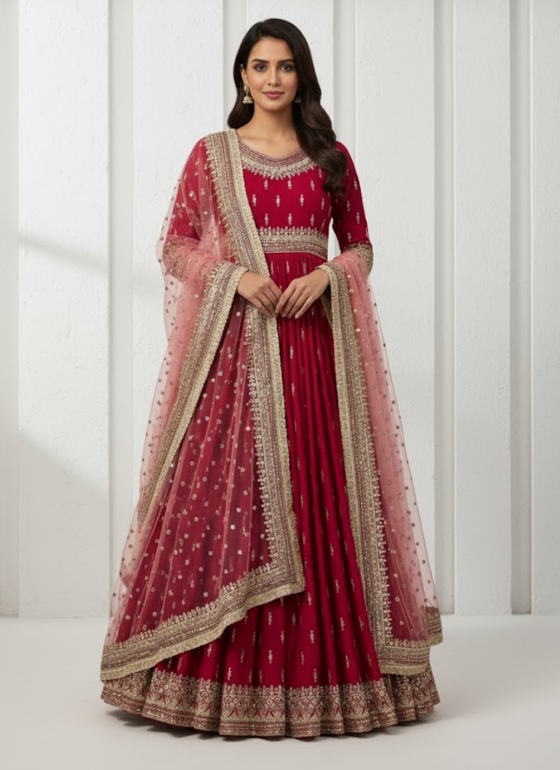 Chinon Silk Embroidered Gown Set with Net Dupatta