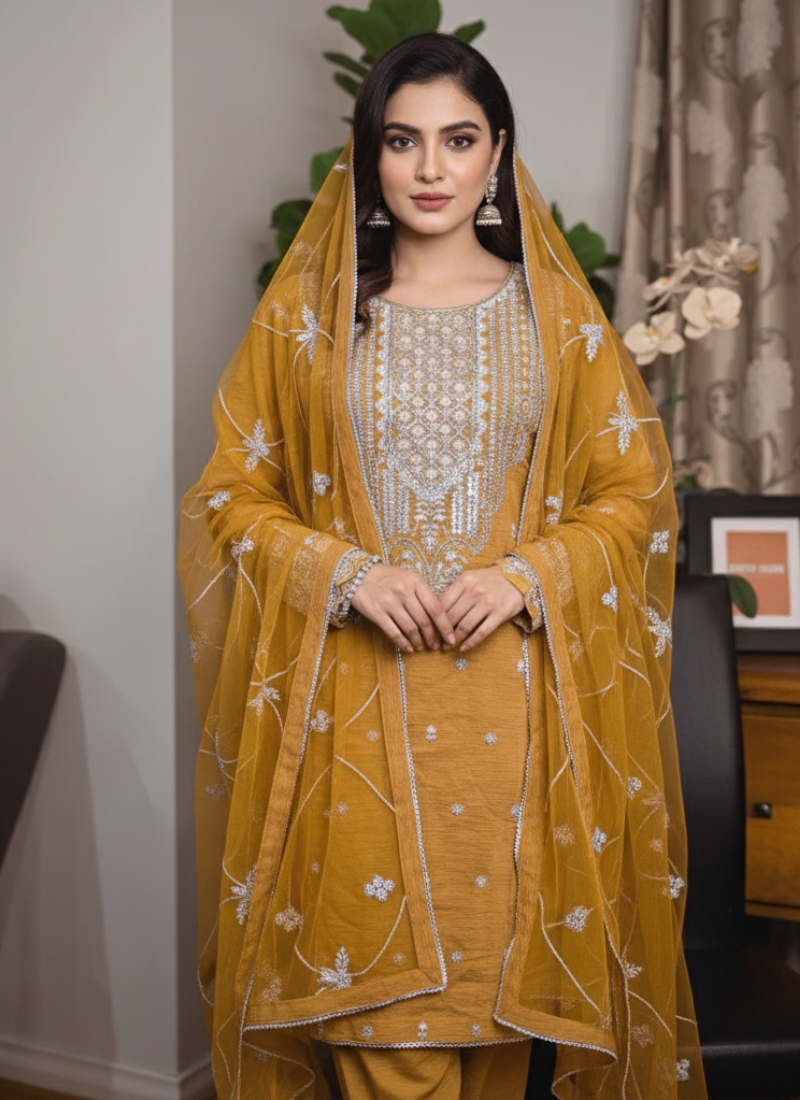 Ochre Pakistani Salwar Suit – Cotton with Silver Embroidery & Dupatta