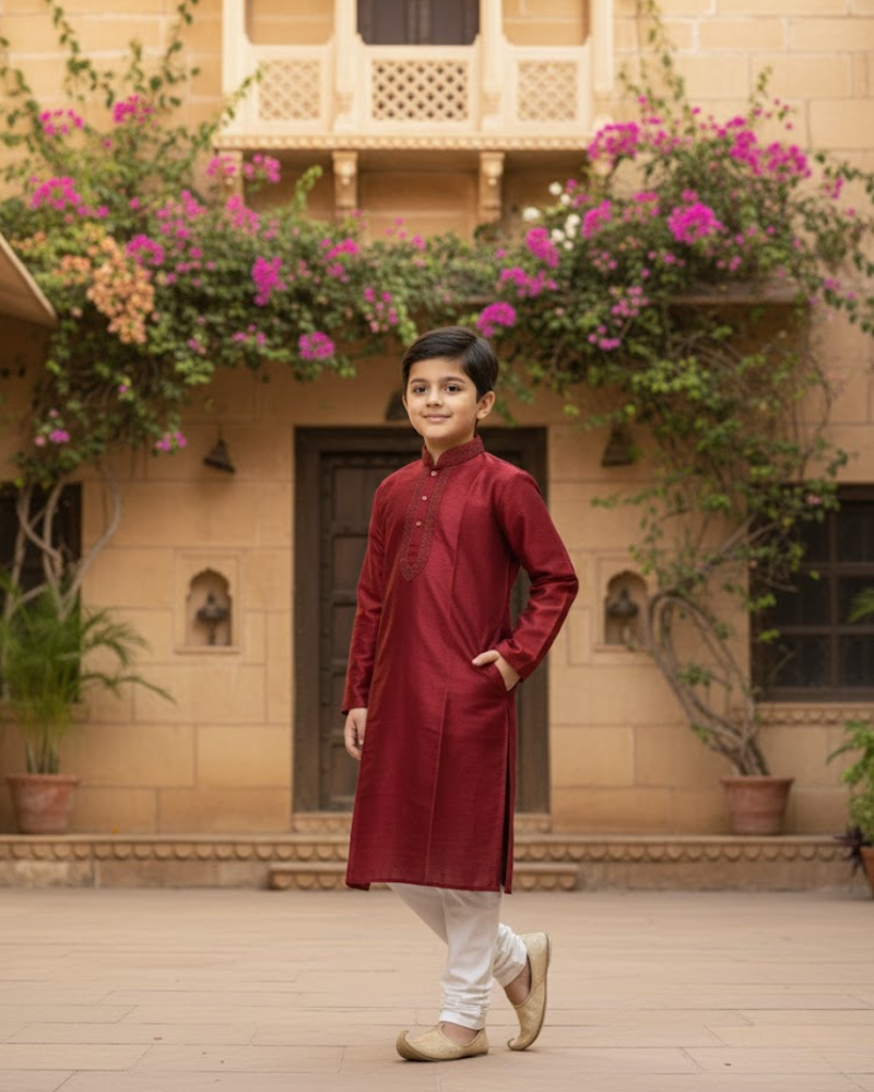 Kids Maroon Raw Silk Kurta with White Cotton Pyjama