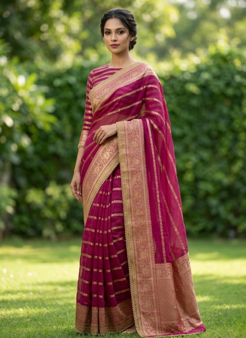 Magenta Banarasi Organza Saree with Blouse Piece