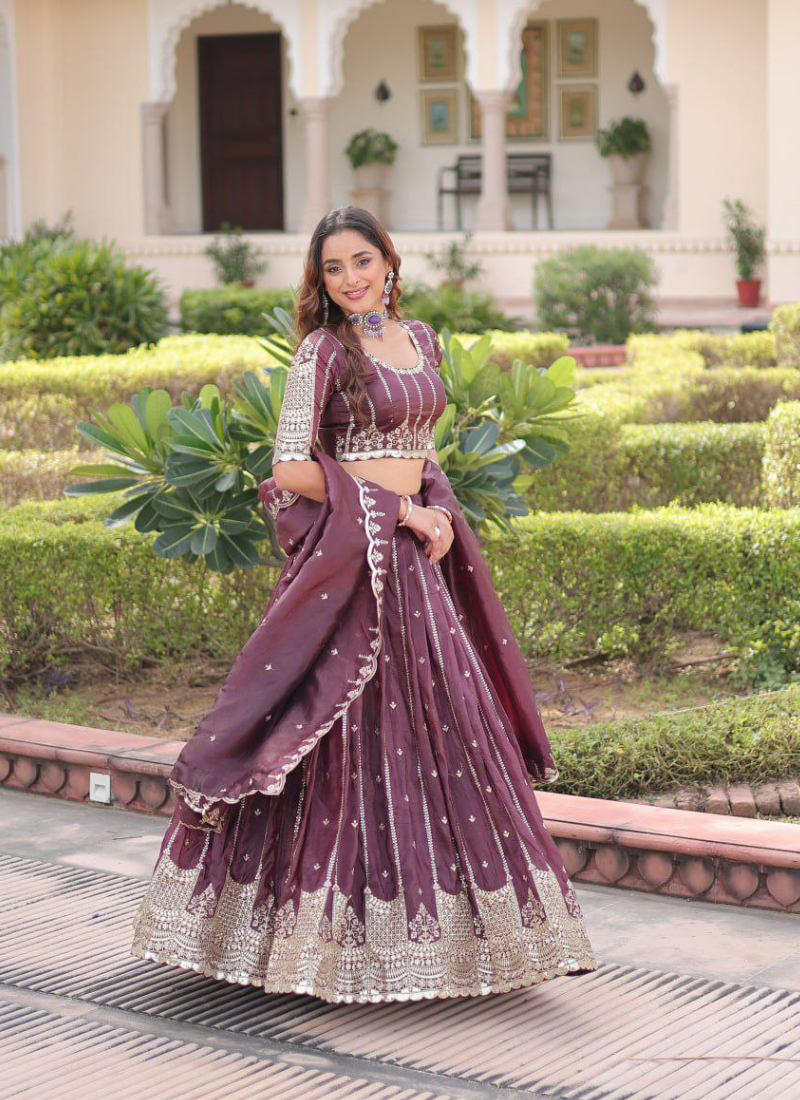 Wine Gold Crush Lehenga Choli with Sequins & Zari Embroidery + Designer Dupatta