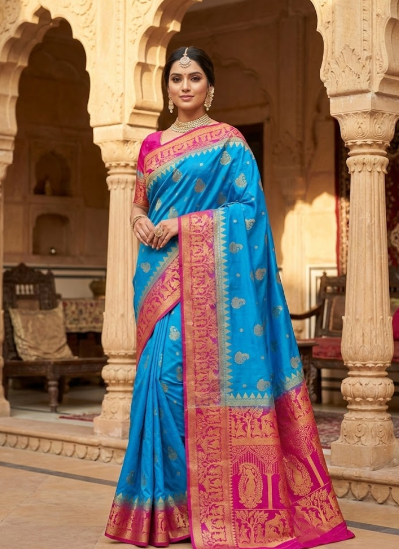 Bangalore Baluchari Silk Saree – Firozi Blue & Magenta