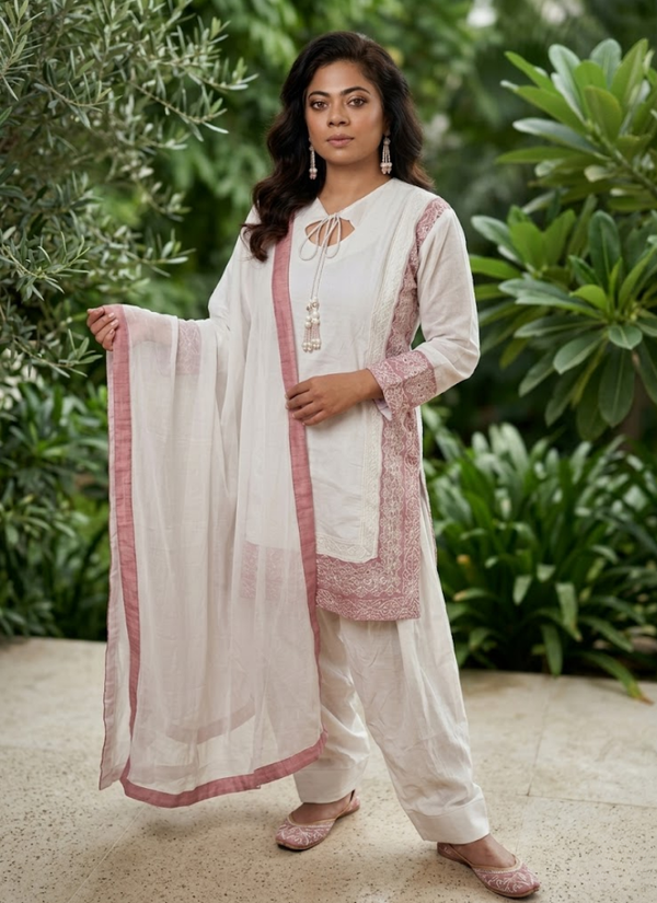 White Farshi Salwar Suit with Embroidery