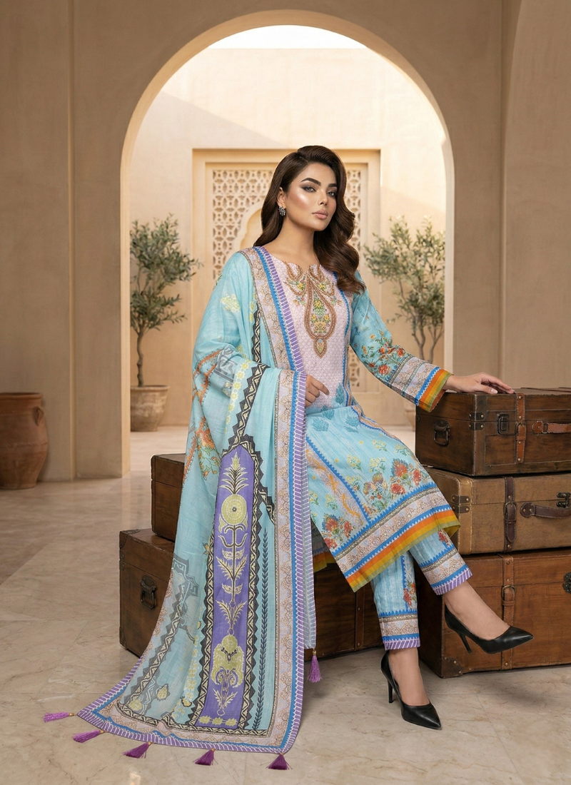 Sky Blue Chinon Silk Salwar Suit with Pearl Work - View 2