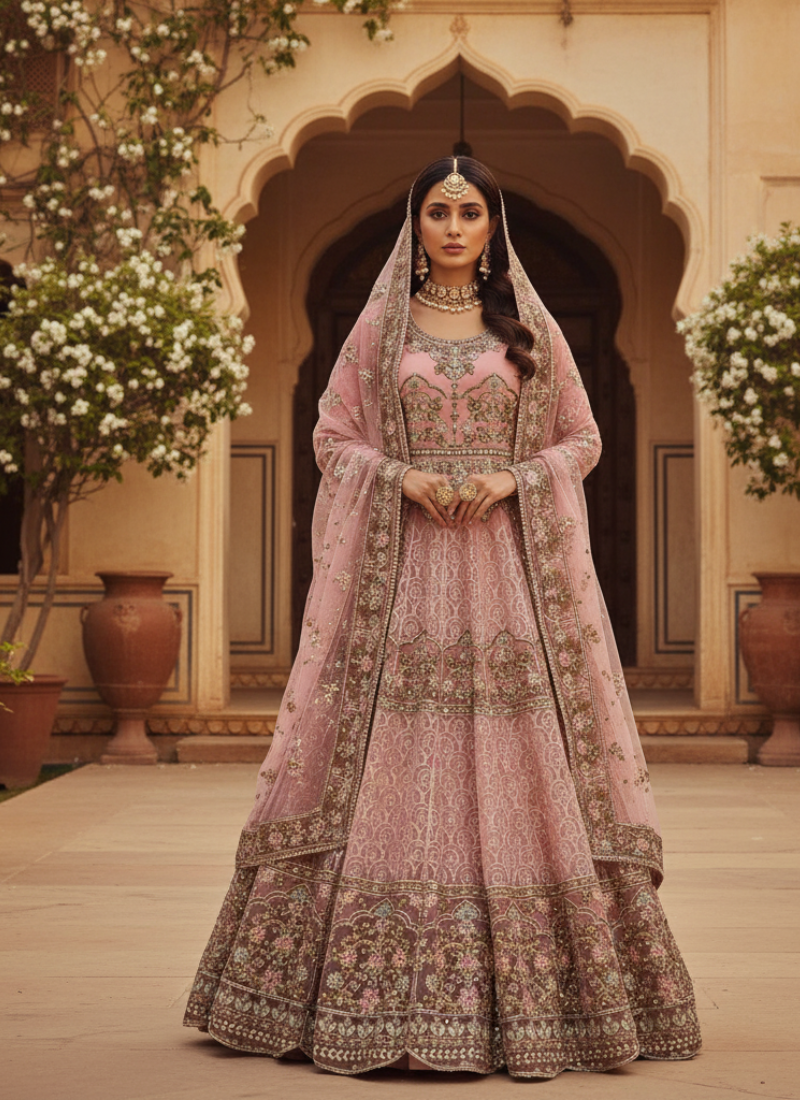 Pink Pakistani Anarkali Suit – Net Fabric with Embroidery