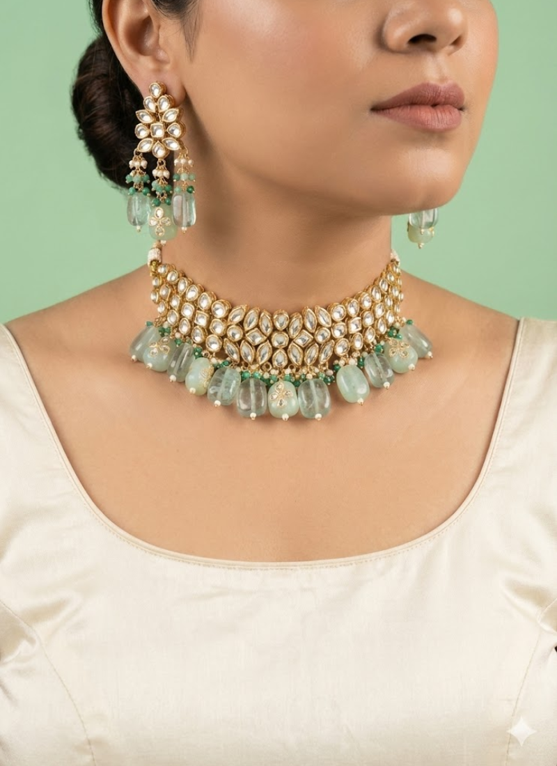 Kundan Choker Necklace Set – Light Green Beads