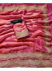 Fendy Satin Silk Saree – Gold Embroidery with Pearl Detailing & Matching Blouse 4