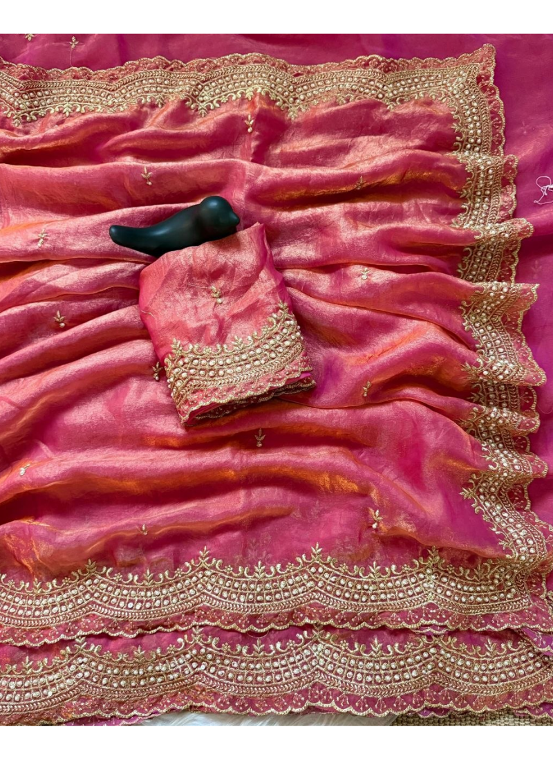 Fendy Satin Silk Saree – Gold Embroidery with Pearl Detailing & Matching Blouse