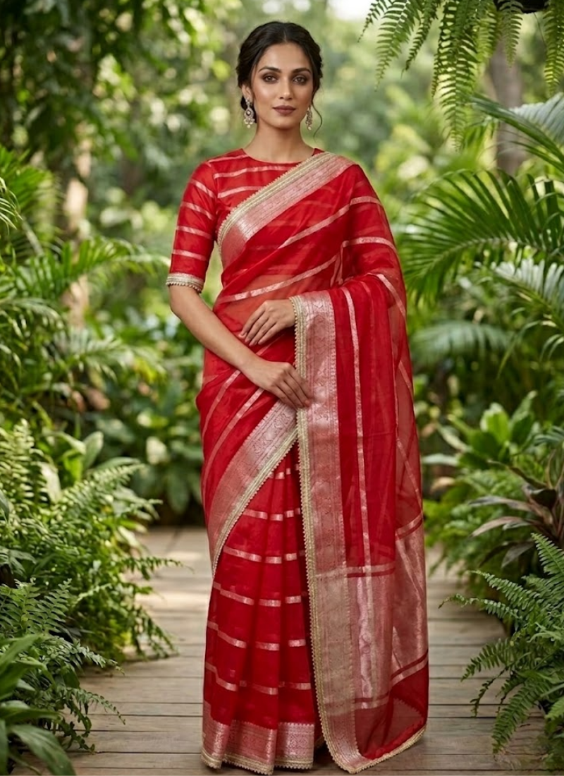 Red Banarasi Organza Saree with Blouse Piece - View 1