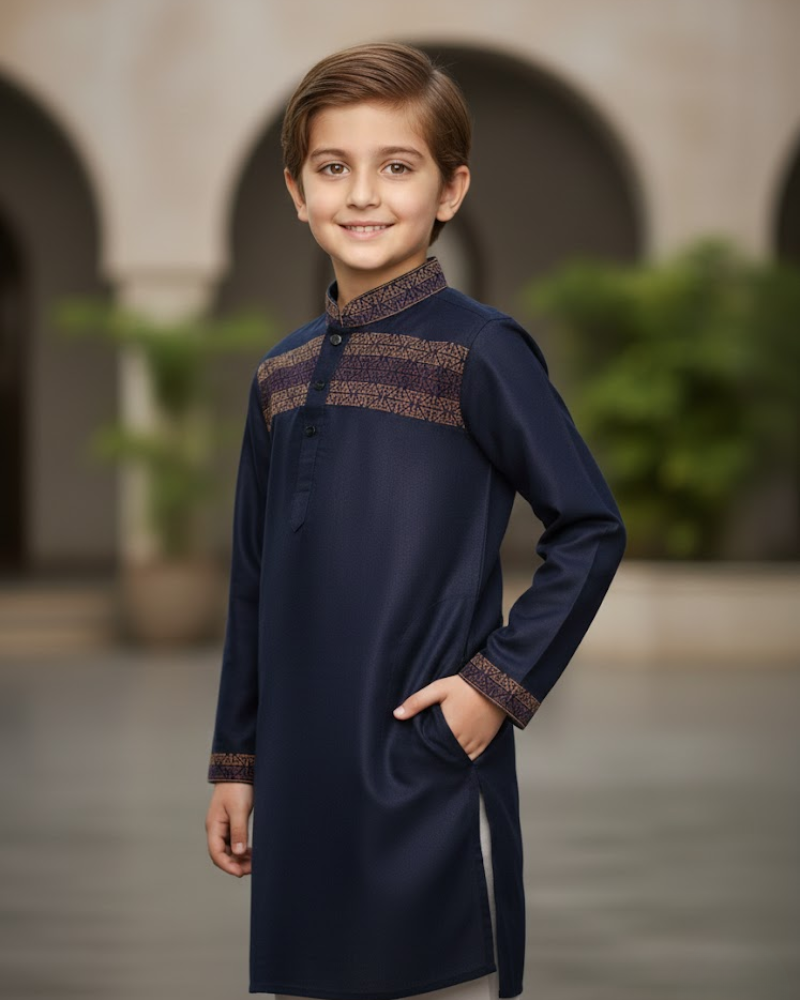 Kids Navy Blue Linen Kurta with Embroidery & White Cotton Pyjama