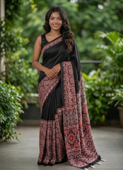 Ajrak Printed Silk Saree – Digital Print with Real Mirror Handwork & Satin Blouse 2