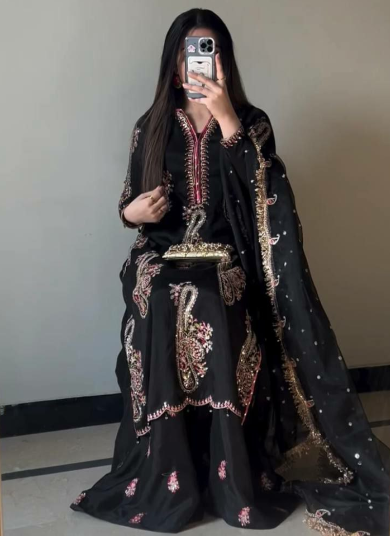 Heavy Chinon Palazzo Suit with Sequins Embroidery + Dupatta