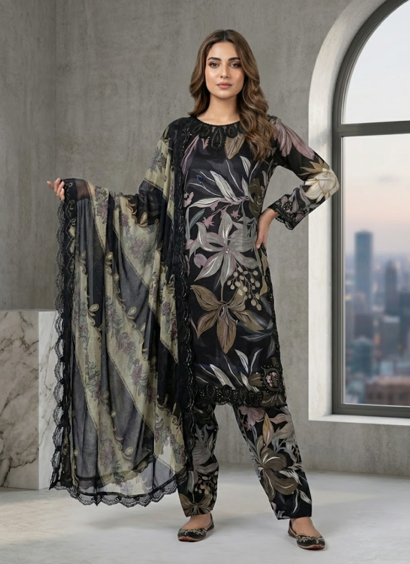 Pakistani lawn cotton salwar kameez with chiffon dupatta, lace sleeves, embroidery, tassels, and premium detailing