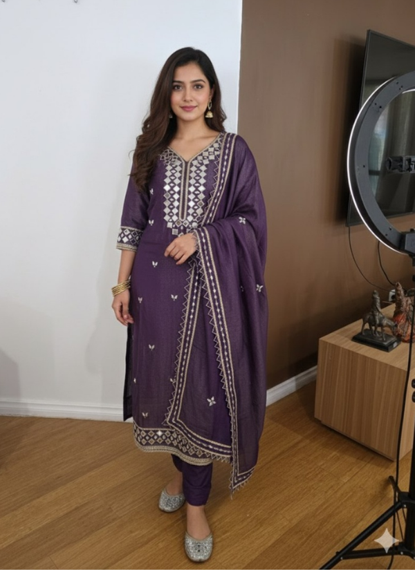 Dark Purple Shimary Silk Salwar Suit with Mirror Work