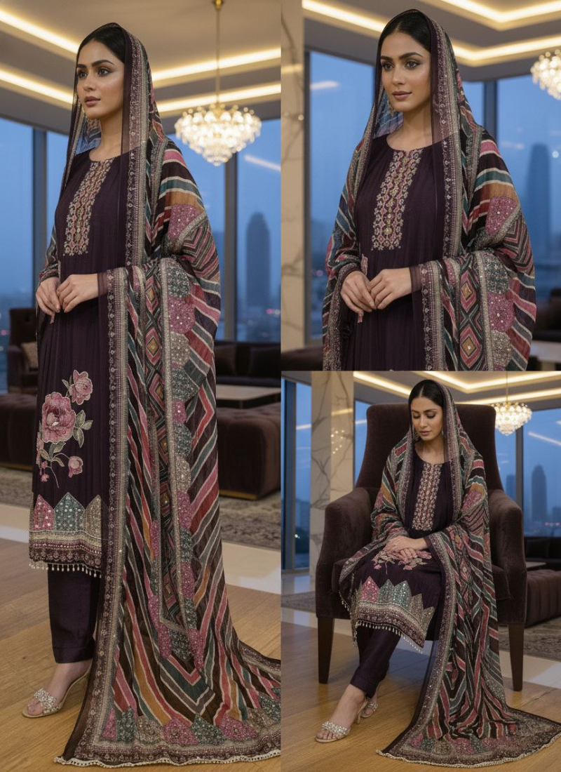 Silk Salwar Suit – Hand Embroidery with Chiffon Dupatta