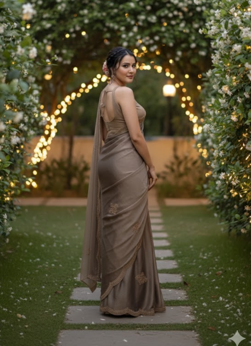 Grey Two-Tone Chiffon Tissue Saree – Crystal Work Panel with Running Blouse