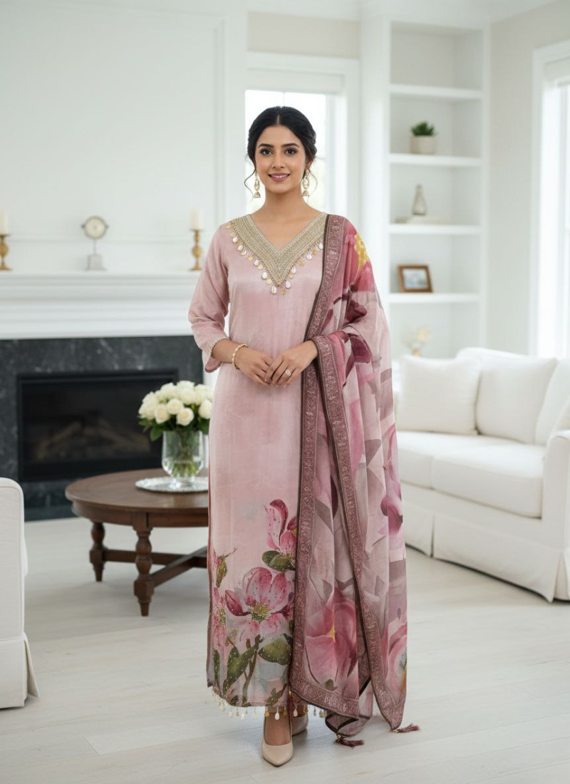 Light Pink Salwar Kameez with Embroidery & Printed Dupatta