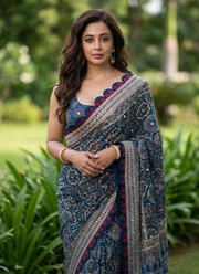 Ajrak Printed Silk Saree – Digital Print, Mirror & Sequins Handwork with Satin Blouse 2
