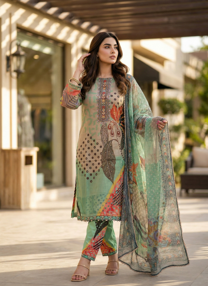 Mint Green Floral Organza Salwar Suit with Pearl Work Australia