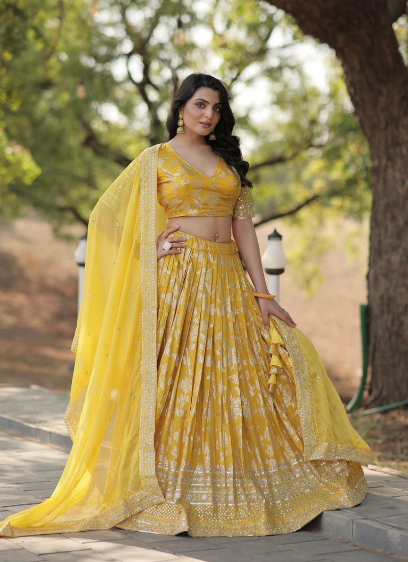 Viscose Jacquard Lehenga Choli with Sequins Embroidery + Russian Silk Dupatta