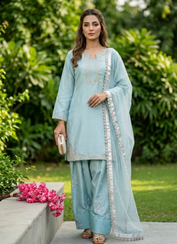 Roman Silk Palazzo Set with Organza Dupatta