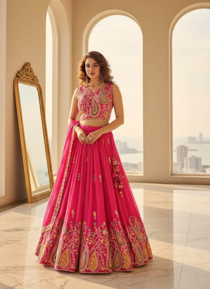Pure Vichitra Embroidered Lehenga Choli Outfit