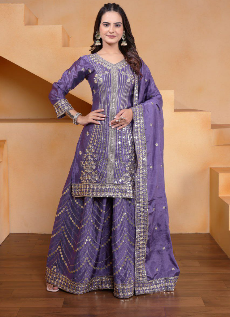 Sharara Suit in Chinon with Sequins Embroidery Work + Dupatta